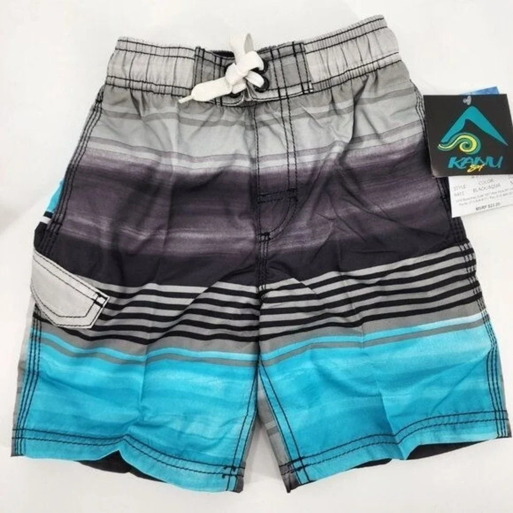 Kanu Surf Boys Avalon Striped Board Shorts Swim Black Aqua Blue Size Small 4 NWT